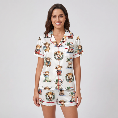 Highland Cow Christmas Women's Pajama Set - short sleeve and shorts