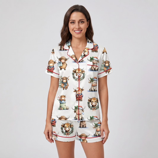 Highland Cow Christmas Women's Pajama Set - short sleeve and shorts