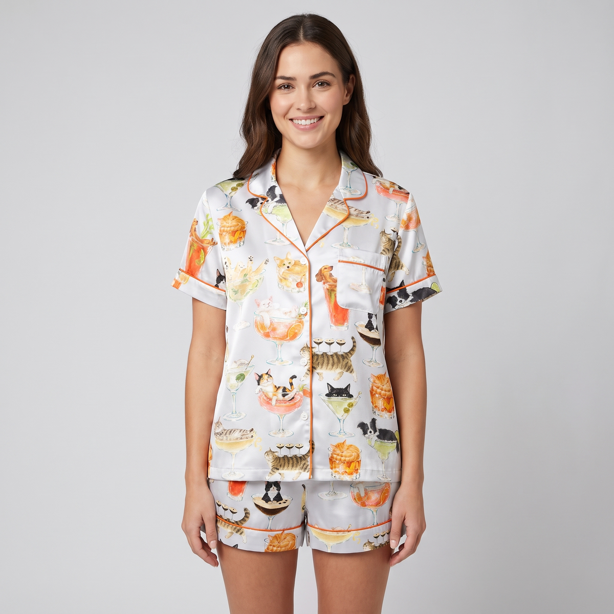 Cocktail Glass Cats Women's Pajama Set - short sleeve and shorts