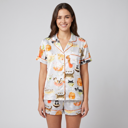 Cocktail Glass Cats Women's Pajama Set - short sleeve and shorts