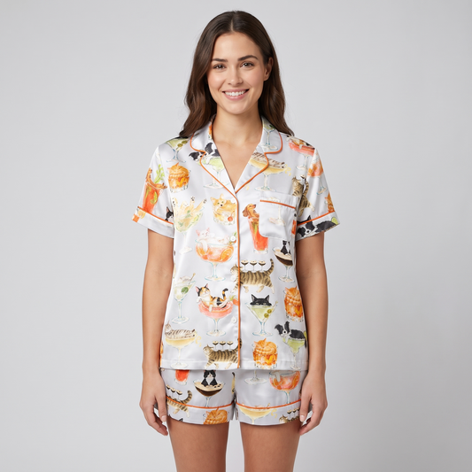 Cocktail Glass Cats Women's Pajama Set - short sleeve and shorts