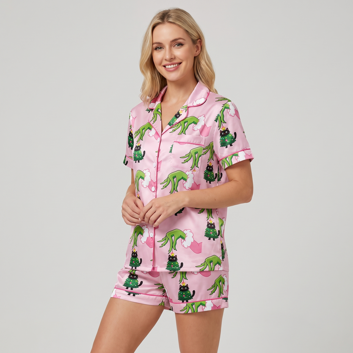 Mean One Kitty Inspired Women's Pajama Set - short sleeve and shorts