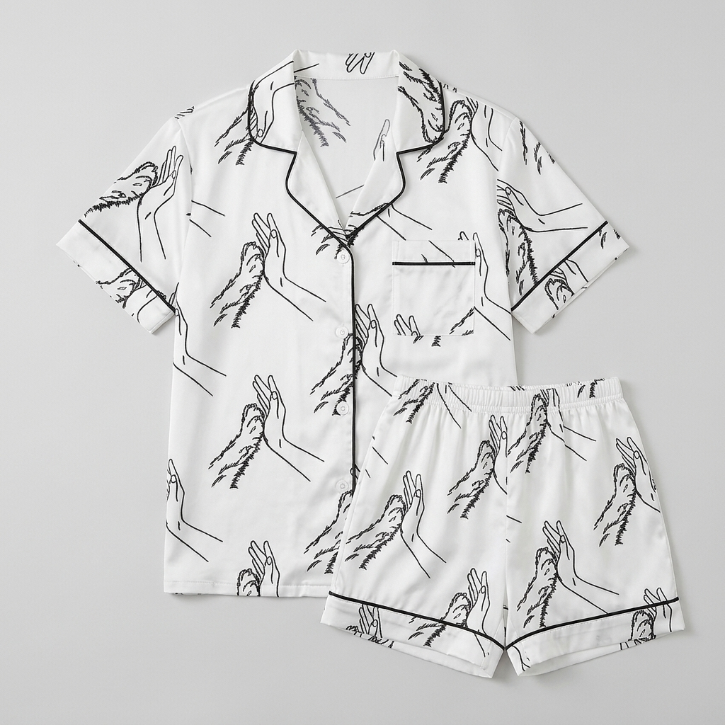 Women's satin pajama set with a black line drawing of a hand high-fiving a dog paw on white - flat lay
