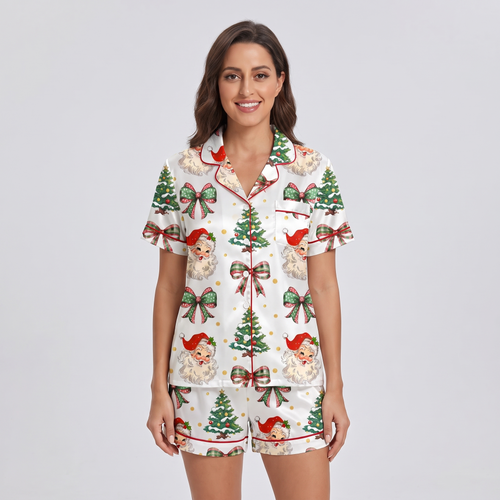 Coquette Santa & Plaid Bows Women's Pajama Set - short sleeve and shorts