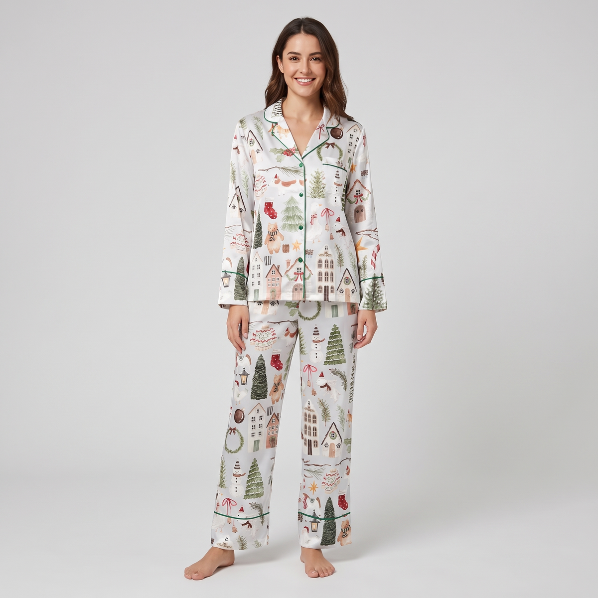 Tiny Watercolor Village Women's Pajama Set - long sleeve and pants