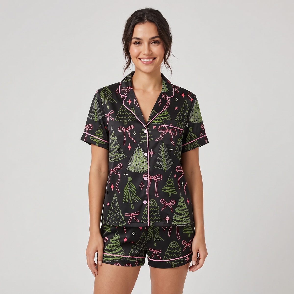 Preppy Bow Trees Women's Pajama Set - Black