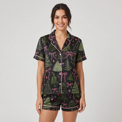 Preppy Bow Trees Women's Pajama Set - Black