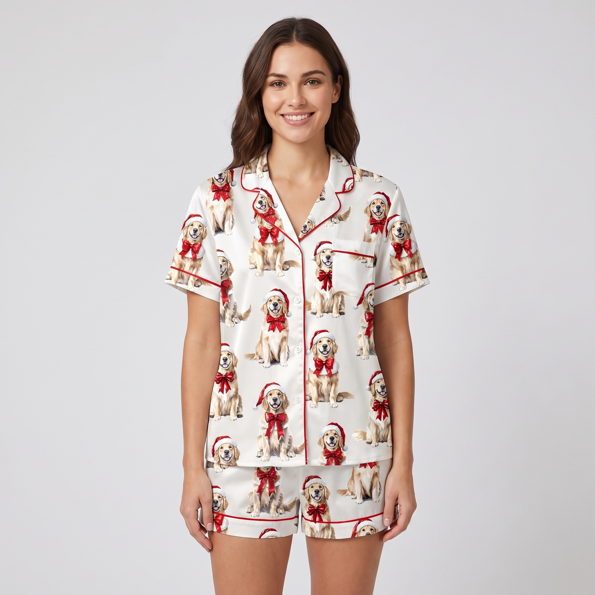 Golden Retriever Christmas Women's Pajama Set - short sleeve and shorts