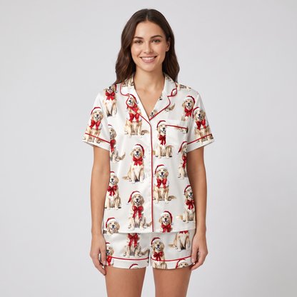 Golden Retriever Christmas Women's Pajama Set - short sleeve and shorts