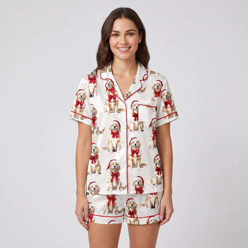 Golden Retriever Christmas Women's Pajama Set - short sleeve and shorts