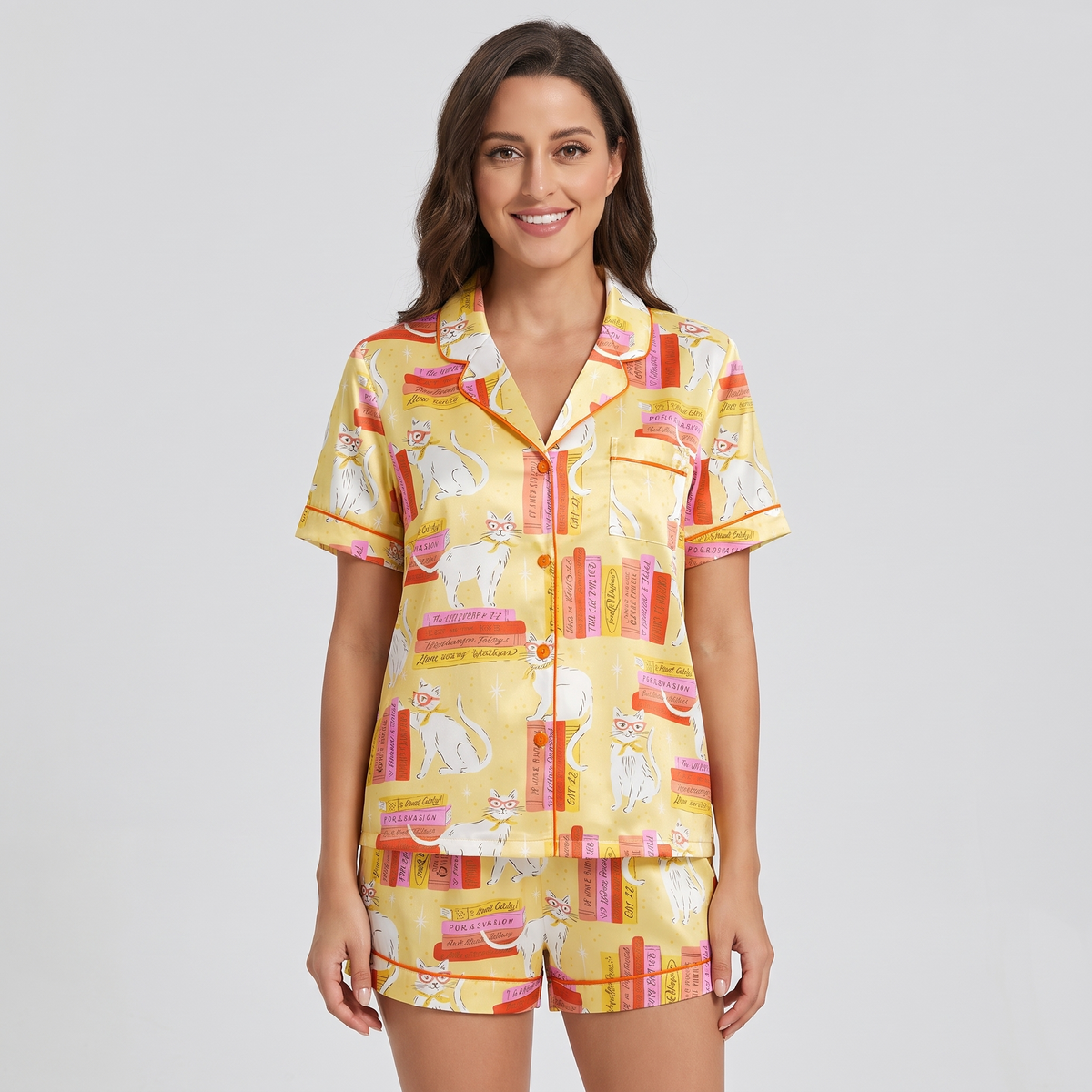 Library Stack Cats Women's Pajama Set - short sleeve and shorts