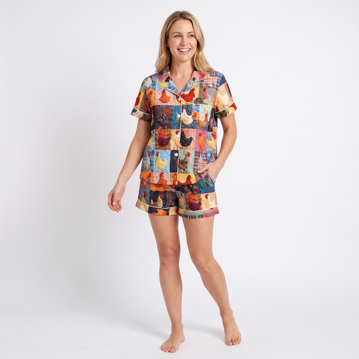 Patchwork Hens Women's Pajama Set - Multicolor - short sleeve and shorts
