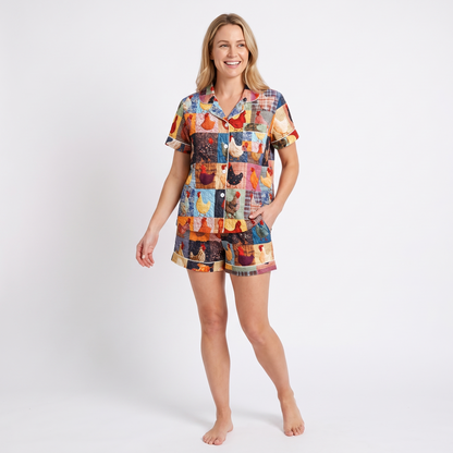 Patchwork Hens Women's Pajama Set - Multicolor - short sleeve and shorts