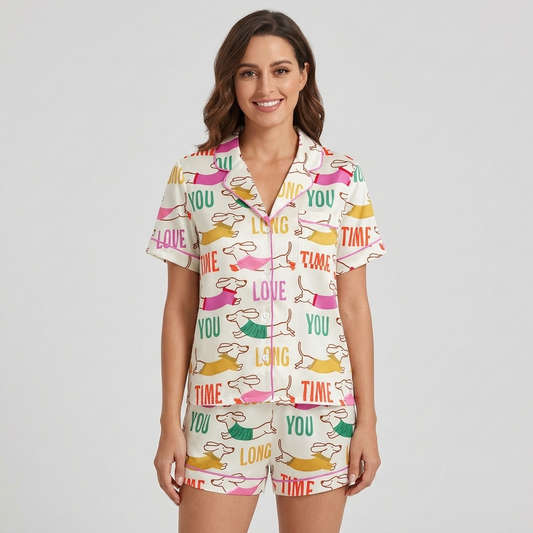 Women's satin pajama set with long dachshunds in sweaters stretched between the words LOVE YOU LONG TIME on white - short sleeve and shorts