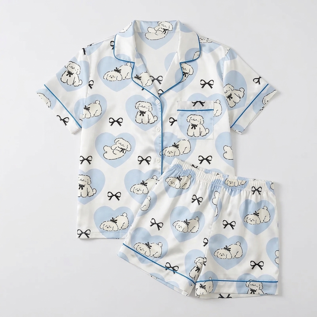 Women's satin pajama set with sleepy white fluffy dogs in sky-blue hearts on white - flat lay