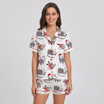 Overstimulated But Festive Possum Women's Pajama Set - short sleeve and shorts