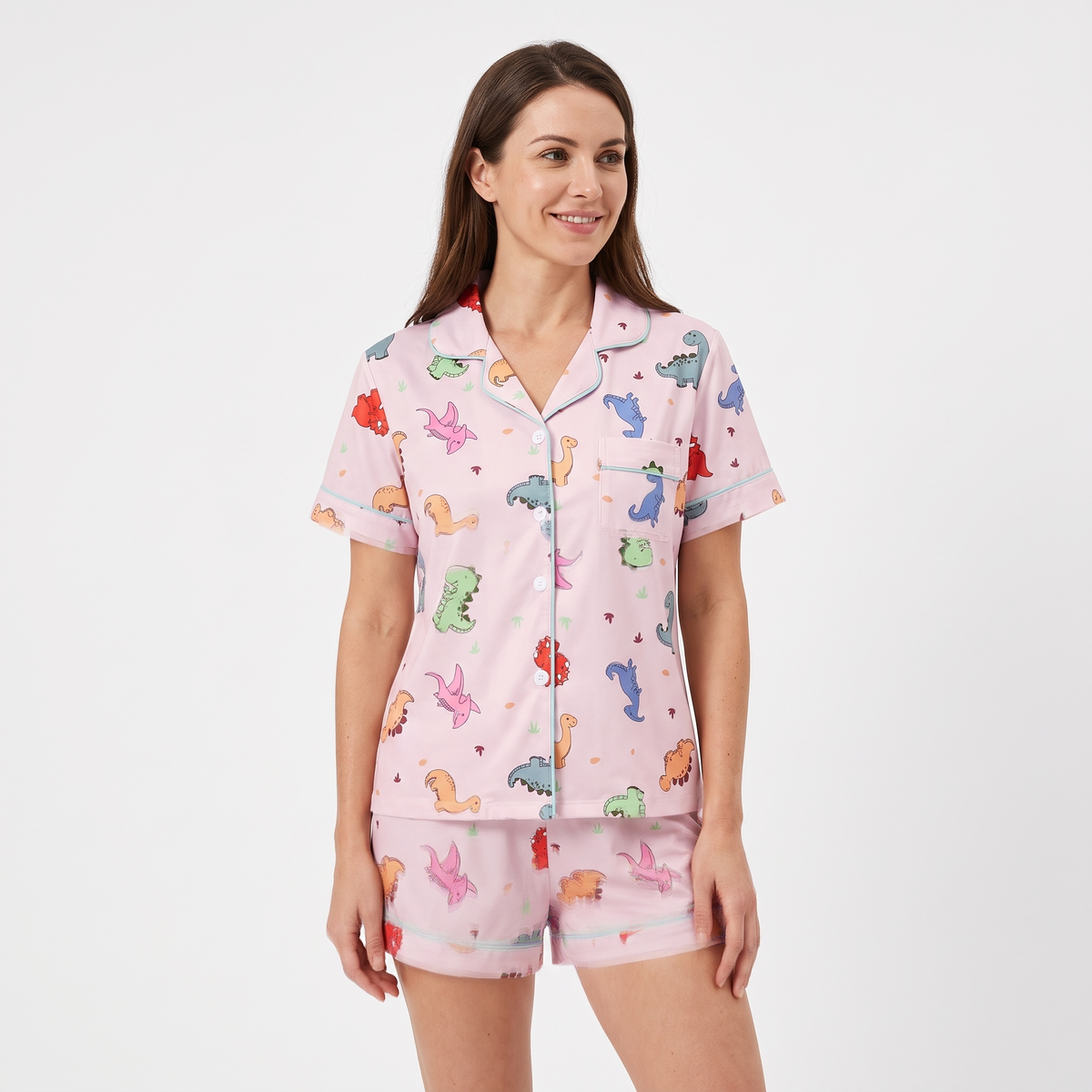 Dino Dreams Women's Pajama Set - Pink - short sleeve and shorts