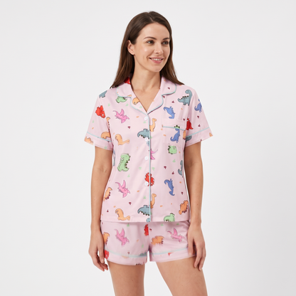 Dino Dreams Women's Pajama Set - Pink - short sleeve and shorts