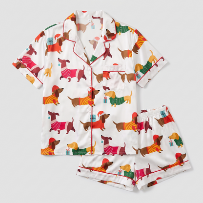 Festive Dachshunds Women's Pajama Set - flat lay