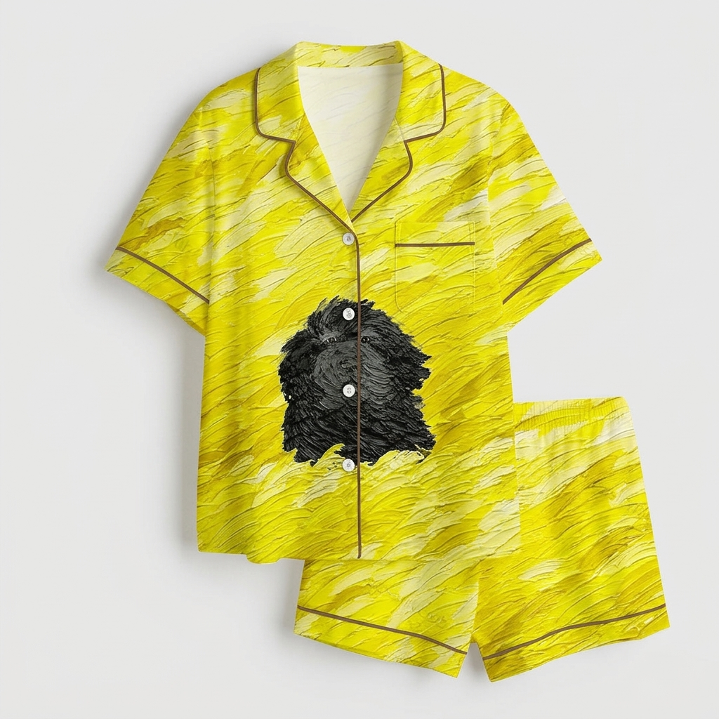 Women's satin pajama set with one shaggy black dog on a yellow painted field - flat lay