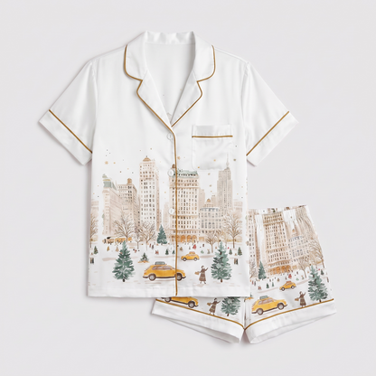 Watercolor New York Snow Women's Pajama Set - flat lay