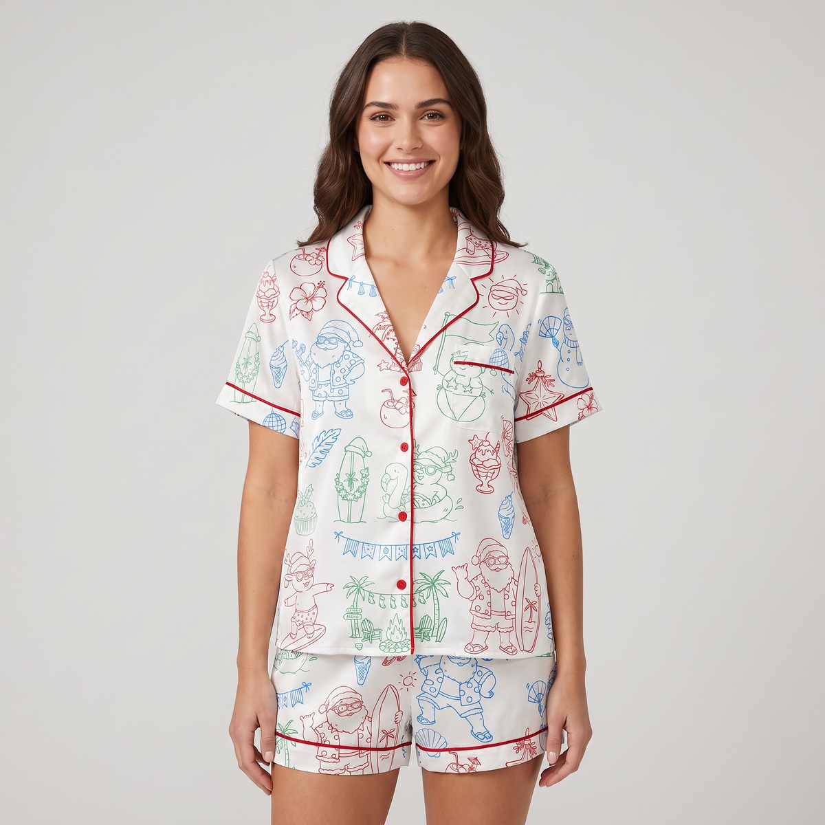 Summer Santa Beach Party Women's Pajama Set - short sleeve and shorts