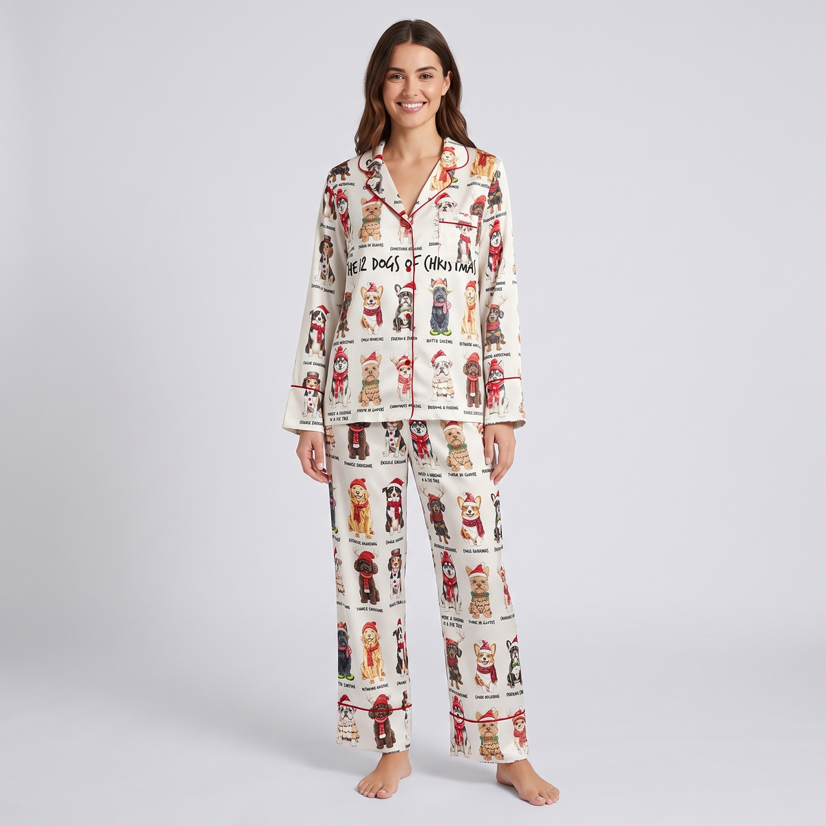 12 Dogs Of Christmas Women's Pajama Set - long sleeve and pants