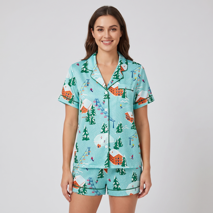 Ski Lodge Village Women's Pajama Set - short sleeve and shorts