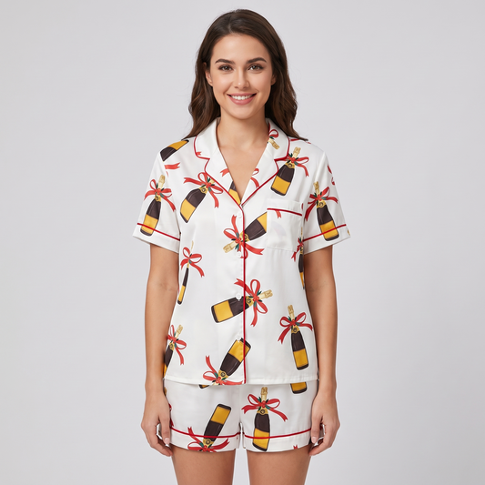 Bubbly & Red Bows Women's Pajama Set - short sleeve and shorts
