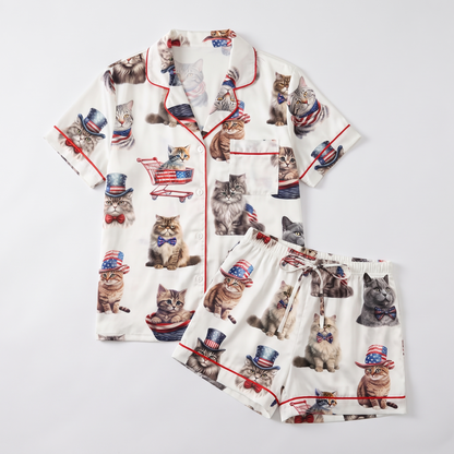 Patriotic Top Hat Cats Women's Pajama Set - flat lay