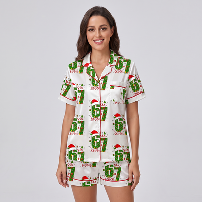 Six Seven Santa Hats Women's Pajama Set - short sleeve and shorts