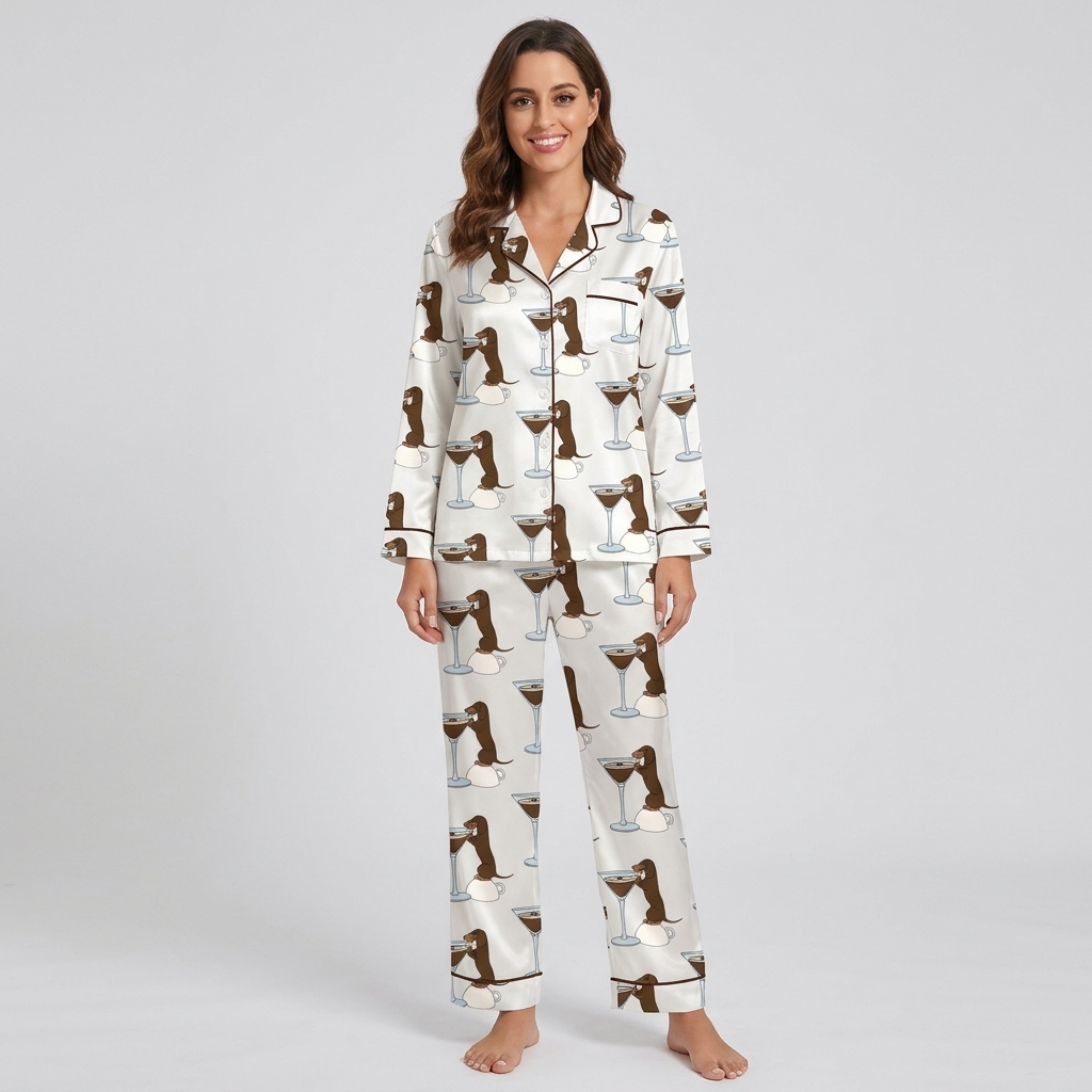 Women's satin pajama set with basset hounds leaning into espresso martini glasses on white - long sleeve and pants