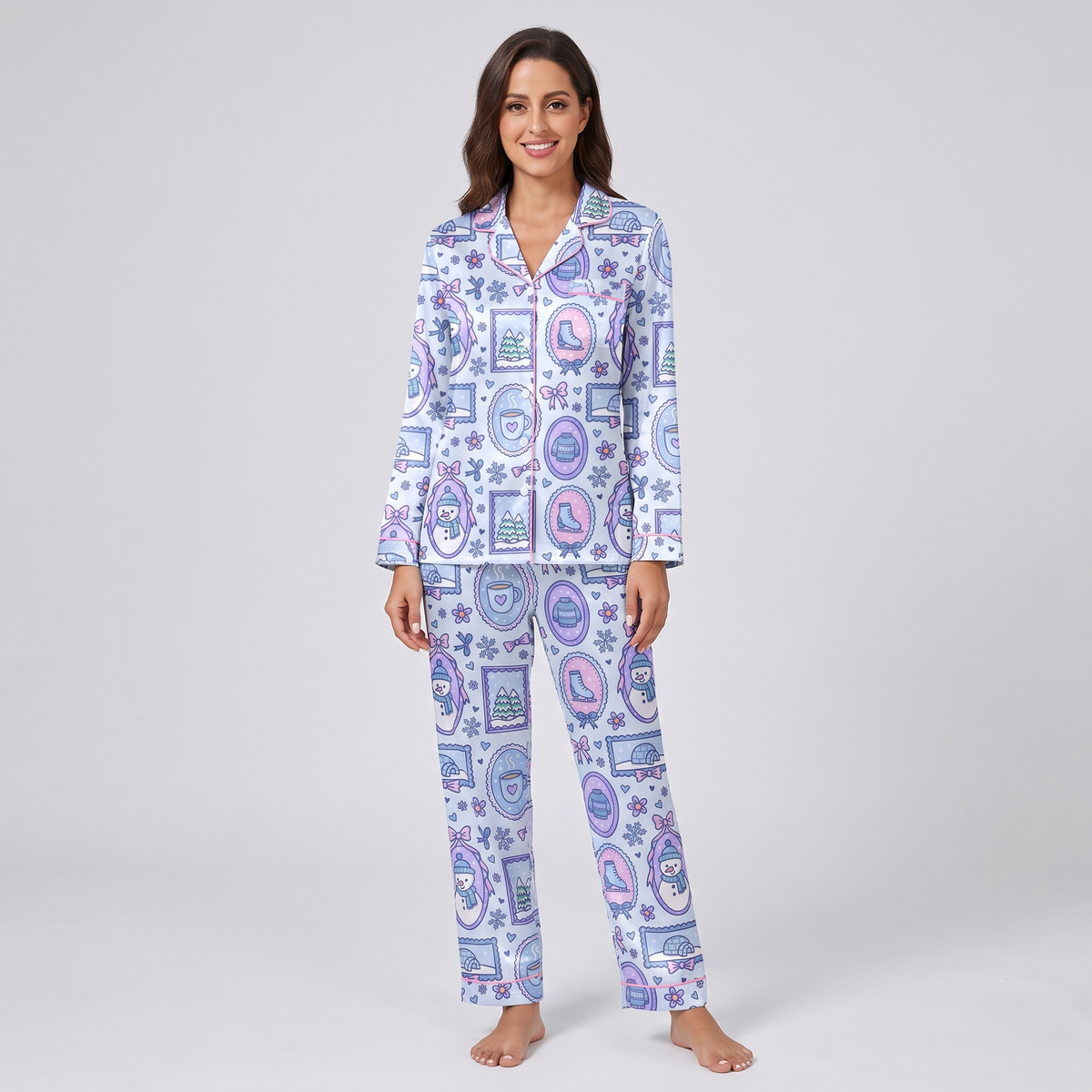 Pastel Snowmen & Skates Women's Pajama Set - long sleeve and pants