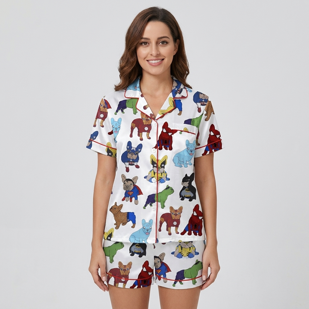 Women's satin pajama set with French bulldogs in capes and masks on white with red piping - short sleeve and shorts