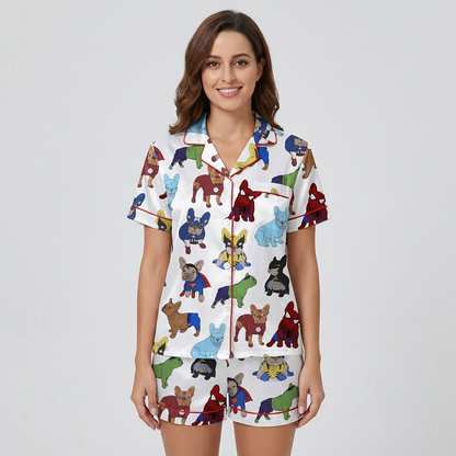 Women's satin pajama set with French bulldogs in capes and masks on white with red piping - short sleeve and shorts
