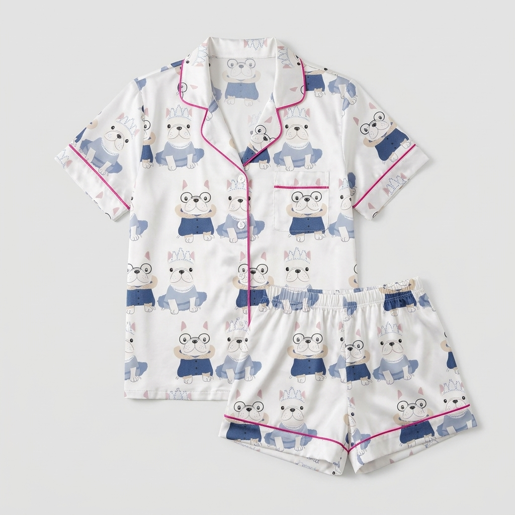 Women's satin pajama set with frenchies in round glasses and navy jackets beside a tiara-wearing pup in a tutu - flat lay