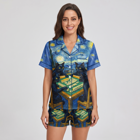 Starry Sky Mahjong Cats Women's Pajama Set - short sleeve and shorts