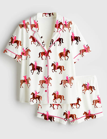 Pink Cowgirl Riders Horse Women's Pajama Set - flat lay