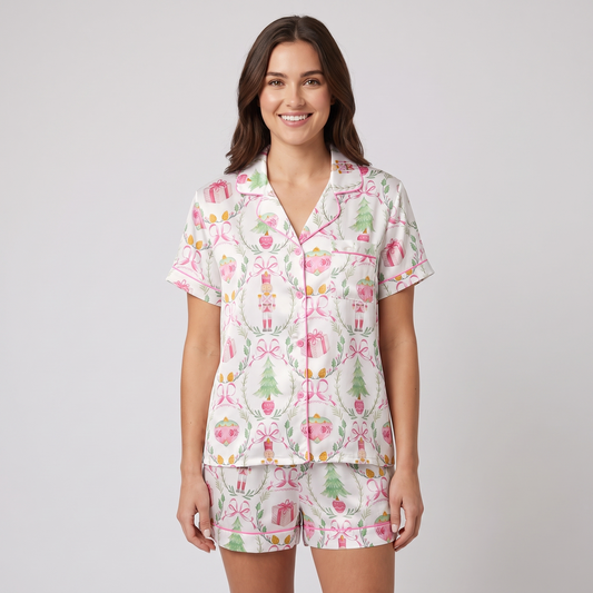 Pink Nutcracker Wreaths Women's Pajama Set - short sleeve and shorts