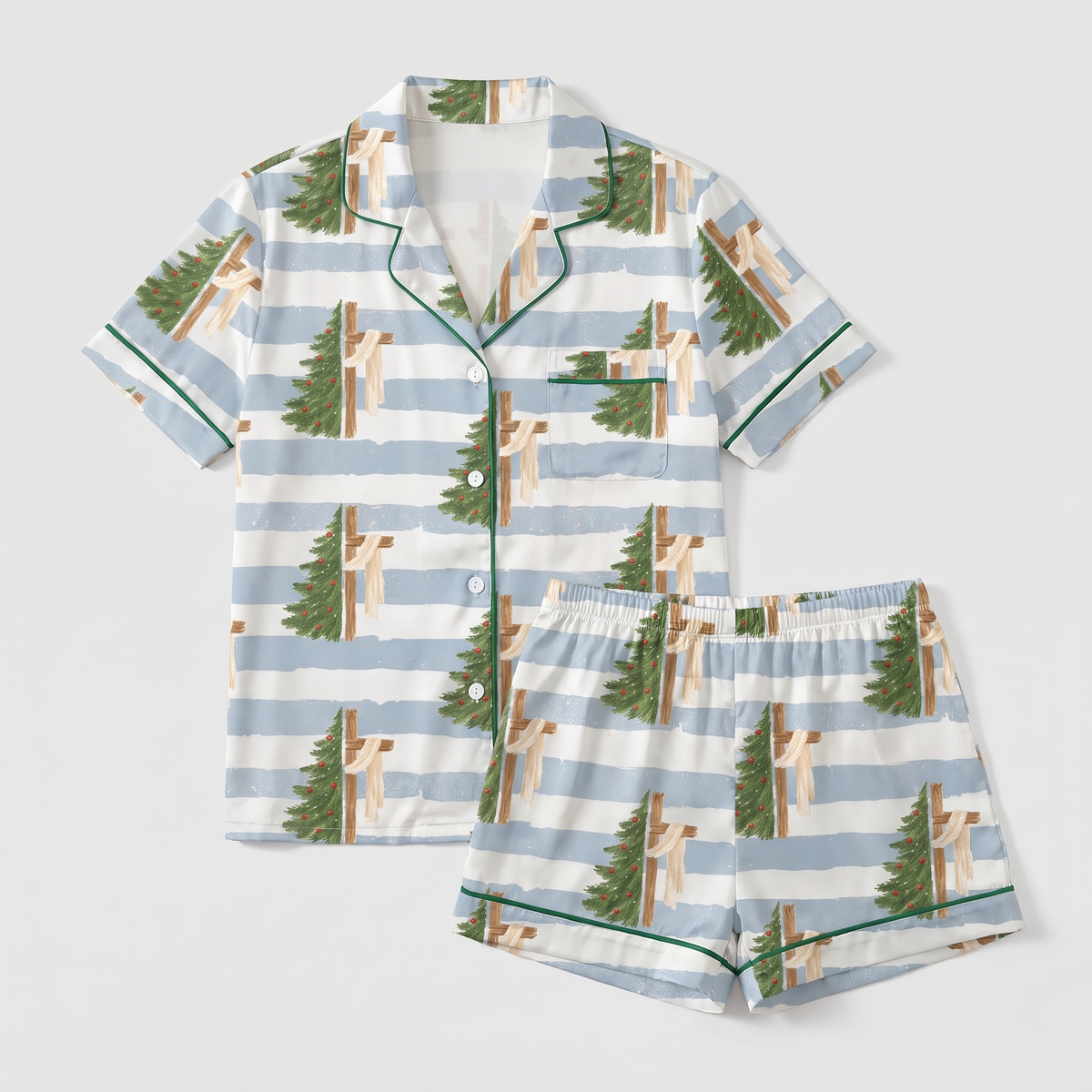 Blue Stripe Tree Cross Women's Pajama Set - flat lay