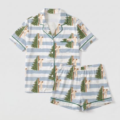 Blue Stripe Tree Cross Women's Pajama Set - flat lay