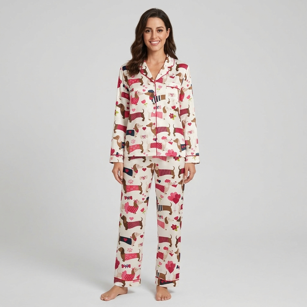 Women's satin pajama set with dachshunds in pink and red sweaters among hearts and balloons on white - long sleeve and pants