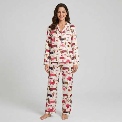 Women's satin pajama set with dachshunds in pink and red sweaters among hearts and balloons on white - long sleeve and pants