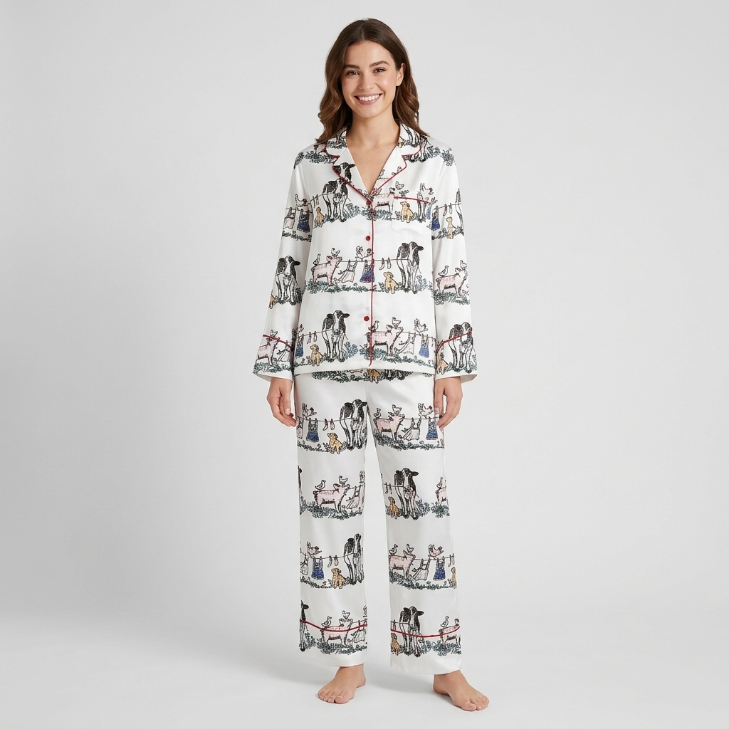 Women's long-sleeve satin pajama set with dogs, cows, sheep and pigs in a pen-and-ink barnyard on white - long sleeve and pants