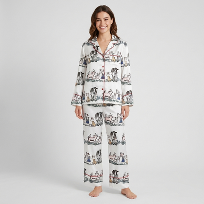 Women's long-sleeve satin pajama set with dogs, cows, sheep and pigs in a pen-and-ink barnyard on white - long sleeve and pants