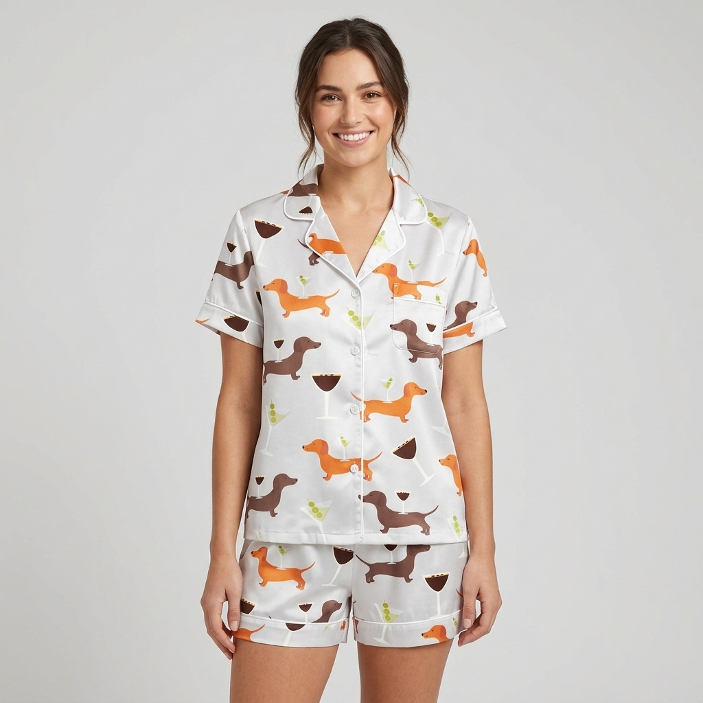 Women's satin pajama set with orange and brown dachshunds with wine glasses and martinis on white - short sleeve and shorts