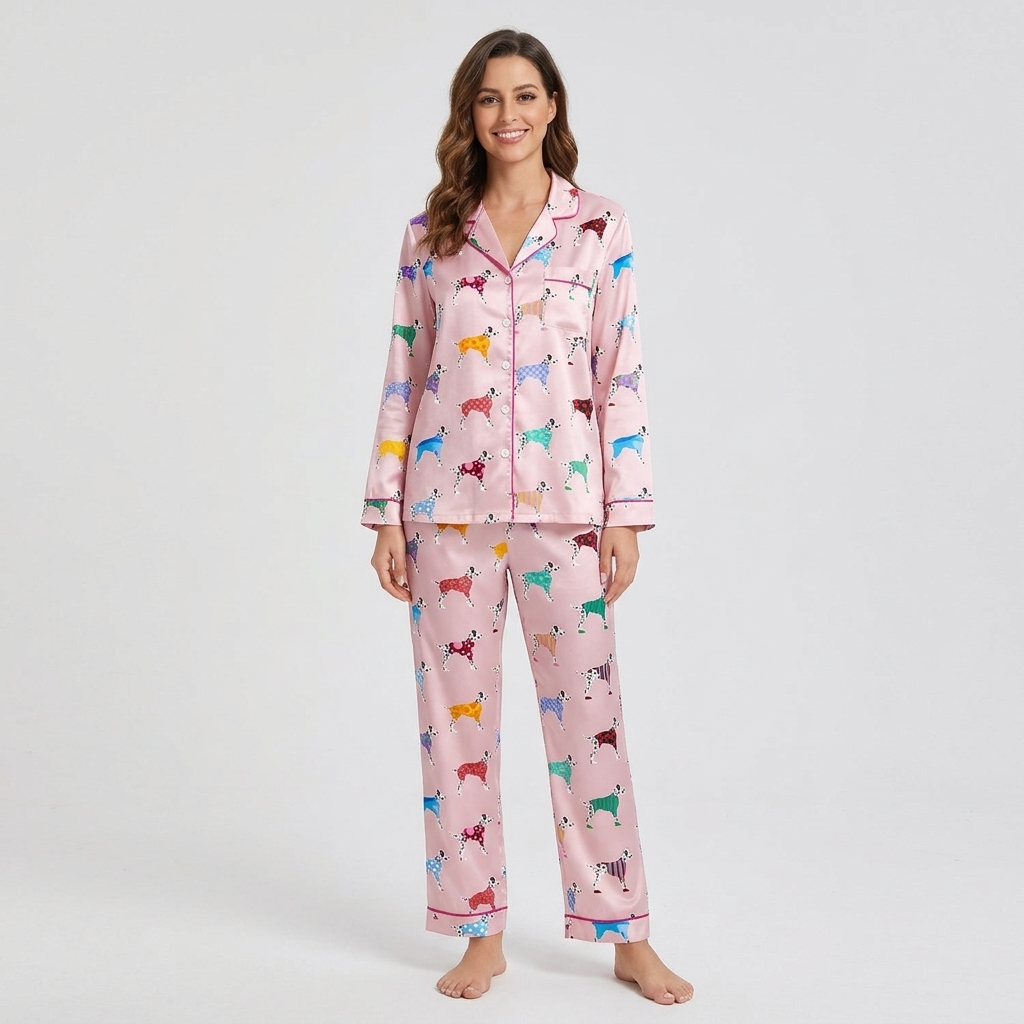 Women's satin pajama set with Dalmatians in rainbow polka dot and striped sweaters on blush pink with hot pink piping - long sleeve and pants