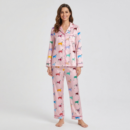 Women's satin pajama set with Dalmatians in rainbow polka dot and striped sweaters on blush pink with hot pink piping - long sleeve and pants