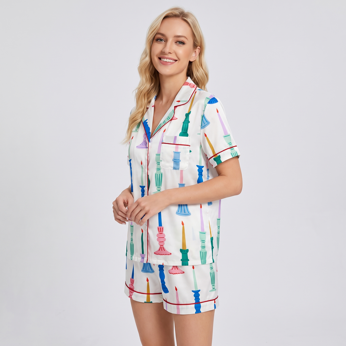 Christmas Candlesticks Women's Pajama Set - short sleeve and shorts