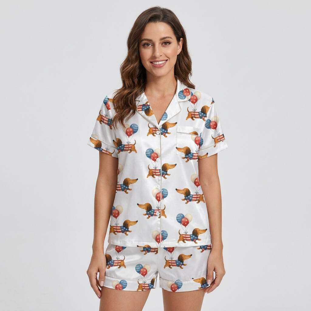 Women's satin pajama set with flag-print dachshunds among red, white and blue balloons on white - short sleeve and shorts